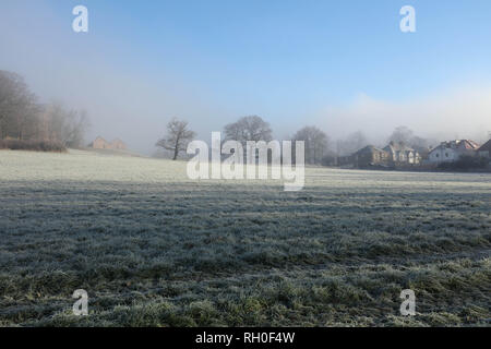 London, Großbritannien. 31. Januar 2019. UK Wetter: Fiields, Bäume und Häuser auf einem eisigen und kalten Morgen bei Sonnenaufgang, in Mill Hill, London, UK. Credit: Joe Kuis/Alamy leben Nachrichten Stockfoto