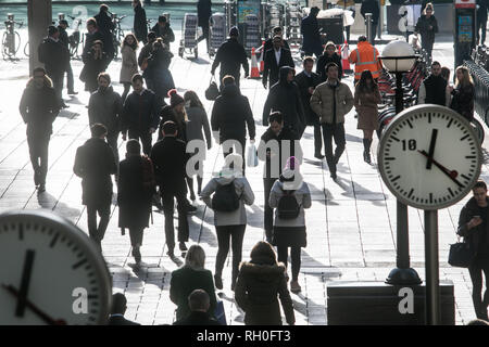 London, Großbritannien. 31 Jan, 2019. Mittagessen Arbeitnehmer in Canary Wharf sind gegen die Sonne an einem frostigen und sonnigen Tag in London, da Temperaturen in London auf die niedrigste der Winter bisher Credit: Amer ghazzal/Alamy Leben Nachrichten Silhouette Stockfoto