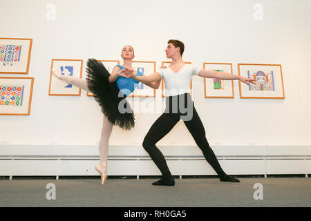 Worcester, Großbritannien. 31. Januar, 2019. Ballett Studenten Aimee Casey und Alex Johnson der Elmhurst Ballettschule, Birmingham, Praxis einige klassische Ballett Bewegungen vor einigen der berühmten Henri Matisse Cut-out Bilder. Geschichten aus djagilews Ballet Russes erklärte durch Kostüme, Programme und Objekte sind zum ersten Mal zusammen an den Worcester City Art Gallery und Museum vom 2. Februar bis 27. April 2019. Philippa Tinsley, Kurator von Worcester City Art Gallery und Museum, sagte, "Wir sind sehr gespannt auf diese beiden fantastischen Ausstellungen nach Worcester zu bringen. Credit: Peter Lopeman/Alamy Liv Stockfoto