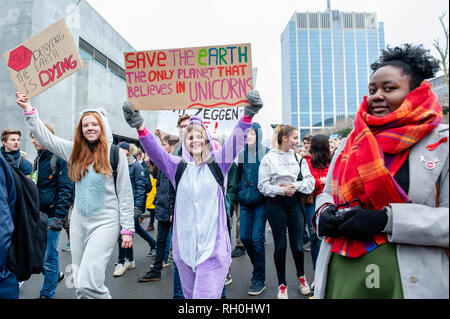 Brüssel, Brabant, Belgien. 31 Jan, 2019. Belgischen Studenten werden gesehen, Plakate und Parolen schreien während der Demonstration. im vierten aufeinander folgenden Donnerstag, Tausende Belgier Studenten der Schule übersprungen für eine bessere Klimapolitik in den Straßen von Brüssel zu demonstrieren. Der Protest wurde durch eine 17-jährige Anuna De Wever, eine Studentin, die Pläne für die Klimapolitik zu demonstrieren und gegen die nachlässige Umweltpolitik der Politiker organisiert. Credit: Ana Fernandez/SOPA Images/ZUMA Draht/Alamy leben Nachrichten Stockfoto