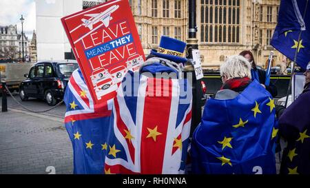 London, Großbritannien. 30 Jan, 2019. Anti-Brexit Mitkämpfer gesehen mit Flaggen während des Protestes gewickelt.Anti-Brexit Mitkämpfer Protest außerhalb der Häuser des Parlaments als Theresa May erfüllt die Staats- und Regierungschefs der EU am 13. Februar, wenn es keinen Deal ist, der britische Premierminister wird eine geändert werden Motion für die Debatte am 14. Februar beginnen mit der Diskussion weiter mit der brexit zu bewegen. Credit: Ioannis Alexopoulos/SOPA Images/ZUMA Draht/Alamy leben Nachrichten Stockfoto