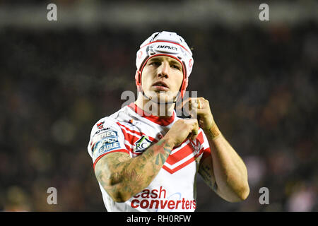 St Helens, Großbritannien. 31. Januar 2019, total Gottlosen Stadium, St Helens, England; Betfred Super League, Runde 1, St Helens vs Wigan Warriors, Theo Fages von St Helens Credit: Aktuelles Bilder/Alamy leben Nachrichten Stockfoto