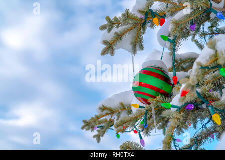 Weihnachtsbaum im Schnee gegen bewölkter Himmel bedeckt Stockfoto