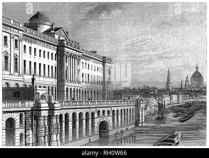 1853 viktorianischen Gravur von Somerset House an der Themse in London, mit der St. Paul's Kathedrale im Hintergrund. Stockfoto