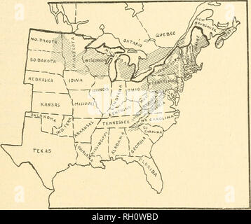 . Bulletin. Landwirtschaft - New Hampshire. Juli, 1914.] DIE APPLE MADE. 19 Verteilung und Destruktivität. Die derzeit bekannten Verteilung der Apple made Er- Gehilfen im Allgemeinen die Grenzen der östlichen oder feucht, Teil des Übergangs leben Zone, in anderen Worten, die so genannte Alleghanian Zone. Der Bereich innerhalb dieser Zone umfasste, wie von Dr. Merriam 1900 definiert, die in der Tabelle 1 angegeben ist. Grafik 1. Die Alleghanian Leben Zone (schattierter Bereich). Die bekannten Gewinnausschüttung die Apple made stimmt in etwa mit dieser Zone. Für Ausnahmen und Einzelheiten der Verteilung, siehe Text. Die ma Stockfoto