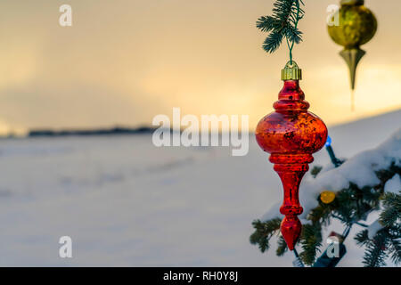 Bunte Ornamente auf einem Baum gegen Schnee und Himmel Stockfoto