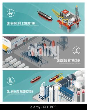 Öl- und Gasindustrie Banner: Ölquellen, Offshore Plattform und Raffinerie mit Menschen arbeiten Stock Vektor