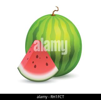 Ganze schöne Wassermelone mit einer Scheibe Abschnitt von reifem Obst - Große vektor Icon an leckeren Obst isoliert auf Weiss. Stock Vektor