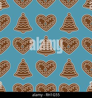 Nahtlose Muster mit Lebkuchen Glocken und Herzen. Urlaub Hintergrund. Design für Banner, Poster-, Textil-, drucken. Stock Vektor