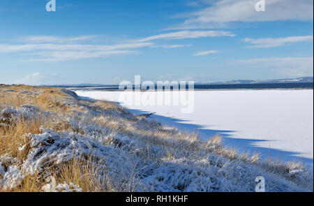 CULBIN FOREST FORRES Moray in Schottland auf der Suche nach Black Isle SANDDÜNE mit Gräsern und Strand bedeckt von Schnee Stockfoto