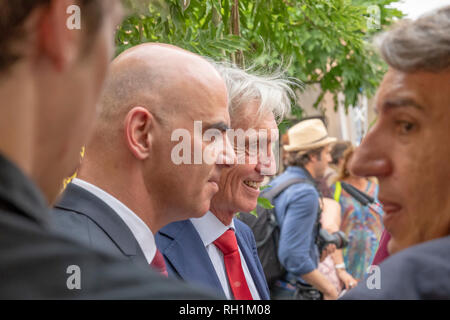 Schweizer Präsident Alain Berset und Marco Solari und Manuele Bertoli in Film Festival Locarno am 1. August 2018 in der Schweiz Nationalfeiertag, Schweiz. Stockfoto