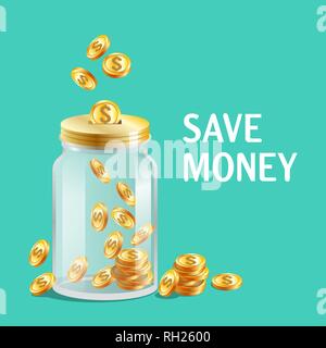 Glas Glas mit Deckel, kässeli Symbol, helles Gold Münzen Stock Vektor