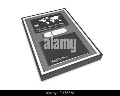 Software black box mit Kreditkarte und USB Flash Drive auf weißem Hintergrund. 3D-Darstellung. Stockfoto