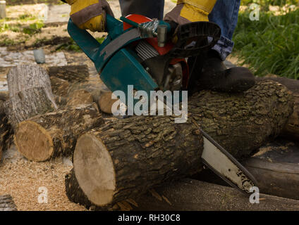 Kettensäge auf dem Hintergrund von Schnittholz rundholz Brennholz für den Winter. Stockfoto