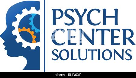 Menschlichen Kopf und Gehirn mit Zahnrädern, psychologische logo Konzept Stock Vektor