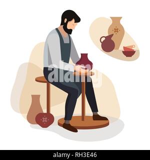 Master Potter macht ein Ton Vase. Vector Illustration der Arbeit einer Töpferei Handwerker. Töpferei Poster. Ein glückliches Potter einen keramischen Topf auf die Töpferei Rad in der Werkstatt. Stock Vektor