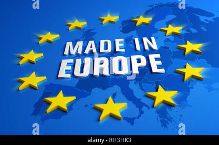 In Europa - Garantie Label der Europäischen Union mit gelben Sternen auf blauem Hintergrund, eine Karte des Kontinents hinter sich. Stockfoto