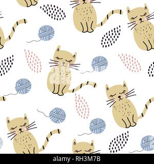Nahtlose Muster mit niedlichen Katzen in skandinavischem Stil. Kreative Baumschule Hintergrund. Perfekt für Kinder, Design, Textil, Verpackung, Tapeten, Textilien. Vec Stock Vektor