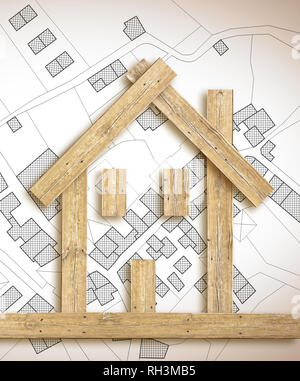 Konzeptionelle Holz- Haus über eine imaginäre Kataster-karte des Territoriums mit Gebäuden, Felder und Straßen-Konzept Bild Stockfoto