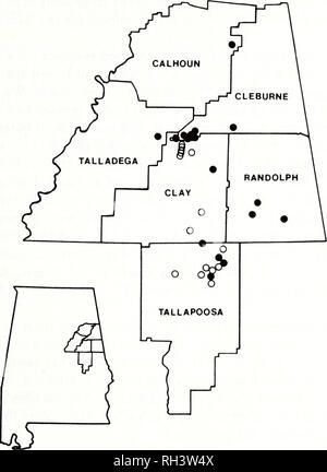 . Brimleyana. Zoologie; Ökologie; Natural History. Holz Frosch Leben Geschichte 33. Abb. 1. Alabama Städte und Gemeinden für Rana sylvatica während dieser Studie bestimmt bekannt. Offene Kreise repräsentieren Zucht Gemeinden; Inset zeigt die Position im Zustand von Grafschaften, von denen R. sylvatica aufgezeichnet wird. Nach Merkmale Schnauze - Längen der erwachsenen männlichen Holz Frösche in Alabama vent durchschnittlich 50,0 mm (SD=5,5, N=20) und Erwachsene Weibchen durchschnittlich 60,0 mm (SD=3.16, N=18). Diese Werte sind kleiner als die von Martof und Humphries (1959) für Holz Frösche im Norden von Georgia und westlichen North Carolina (Männer: x Stockfoto