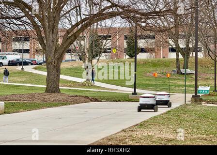 Fairfax, Virginia, USA - Januar 29, 2019: Zwei autonome Lebensmittel-lieferservice Roboter Reisen auf dem Weg zu Kunden auf dem Campus der George Mason University. Stockfoto