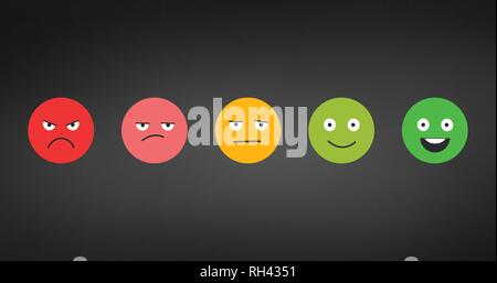 Bewertung der Zufriedenheit. Feedback in Form von Emotionen. Ausgezeichnet, gut, normal, schlecht schrecklich. Vector Illustration auf Schwarz isoliert Stock Vektor