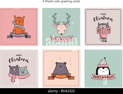 Weihnachtskarte mit Winter Tiere eingestellt. Vector Illustration Stock Vektor