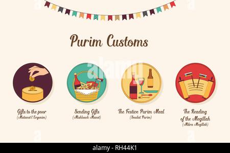 Symbole der jüdische Feiertag Purim. Infografiken Design. Vector Illustration Stock Vektor