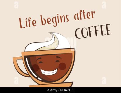 Kaffee emoji Schale mit lustigen Zitat. Vector Illustration Stock Vektor