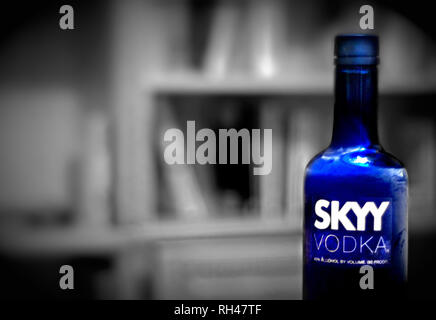 Eine blaue Flasche Skyy Vodka ist gegen einen schwarzen und weißen Hintergrund der Bücher, Jan. 28, 2010, in Northport, Alabama. Stockfoto