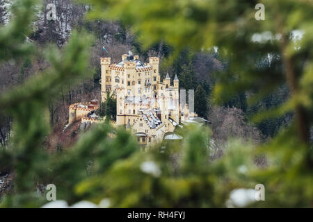 SCHWANGAU, Deutschland - Dezember 2018: Winter Blick auf das Schloss Hohenschwangau in der Nähe der bayerischen Stadt Füssen. Rahmung mit Pine Tree Branches. Stockfoto