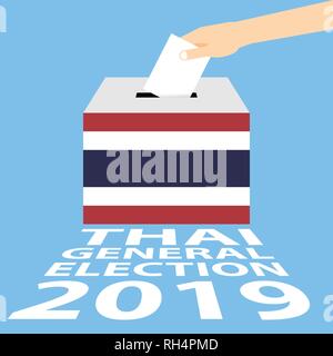 Thai Bundestagswahl 2019 Vector Illustration Flat Style - Hand Wahlschein in die Urne Stock Vektor