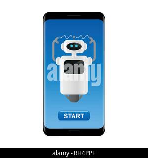 Cute arbeiten Roboter in ein Smartphone mit Schaltfläche Start Vektor-illustration EPS 10. Stock Vektor