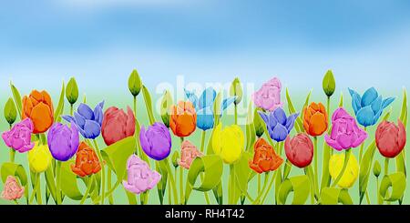 Viele bunte Tulpen Aquarell Stil vor dem Hintergrund der grünen und blauen Himmel. Vector Illustration Stock Vektor