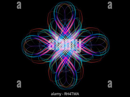 Original fractal Kreuz der violett-blau und rosa Farbtönen, von twisted Rainbow wellenförmige Streifen auf schwarzem Hintergrund montiert Stockfoto