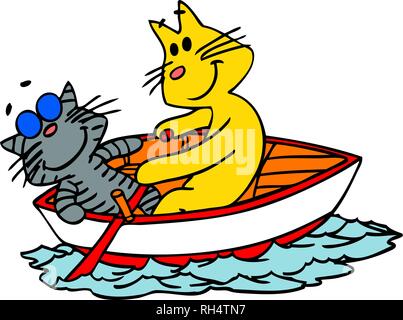 Vector Abbildung von zwei cartoon Katzen Reisen auf einem kleinen Boot Stock Vektor