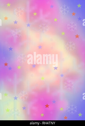 Abstrakte bläulich Weihnachten Hintergrund mit gelb, pink und lila Flecken mit weißen Schneeflocken und farbigen Sterne abgedeckt Stockfoto