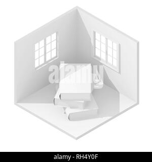 3d-isometrische Darstellung Abbildung: Weiße Bücher im leeren Raum mit Windows Stockfoto