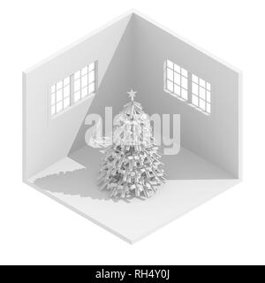 3d-isometrische Darstellung Abbildung: Weiße Weihnachten Baum im leeren Raum Stockfoto