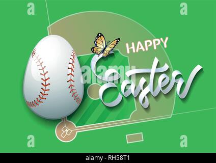 Frohe Ostern. Easter Egg in Form eines Baseballs Kugel auf einem Baseballfeld Hintergrund. Vector Illustration. Stock Vektor