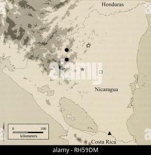 . Breviora. Zoologie; Paläontologie. 10 BREVIORA Nr. 526. Abbildung 3. Karte von Nicaragua, in dem die Städte und Gemeinden der Mitglieder der Gattung Oedipina (siehe Anhang): O. koehleri (Sterne), O. Nica (Kreise), O. collaris (Quadrat) und O. cyclocauda (Dreieck). Symbole öffnen stellt jede Arten" Typ Ort, wenn Sie auf der Karte angezeigt wird. Wenn ganz in der Nähe von einem anderen liegt, haben wir kombinierten Verteilungspunkte ein einzelner Punkt auf unserer Karte zu erbringen. Wasserflächen sind schattigen Hellgrau. Bereiche oberhalb 600 m sind grau hinterlegt. Bereiche oberhalb 1.200 m sind schattiert Dunkelgrau. Die Grenzen des Parks Grenzen. Den erwachsenen männlichen paratyp Stockfoto