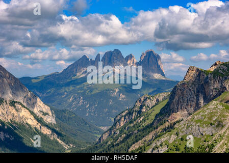 Die Gipfel der Langkofel / Langkofel Gruppe an einem sonnigen Tag durch das Val Contrin in der Ferne gesehen Stockfoto