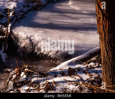 Eine kleine gefrorenen Wasserfall mit Schatten von Bäumen herab auf den Winter in den Wäldern Stockfoto