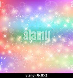 Helle Muster in Princess Farben. Bunte Regenbogen Mesh. Kawaii Baby Unicorn Hintergrund mit Sternen. Fantasy Gradient bunten Regenbogen Kulisse. Holog Stockfoto