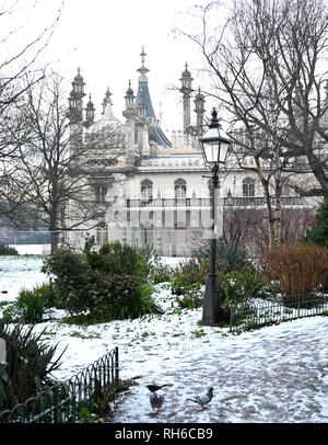 Brighton UK 1. Februar 2019 - Der Royal Pavilion und Gärten in Brighton nach einem starken Schneefall über Nacht. Der Schnee und das Eis verursacht hat Probleme mit den öffentlichen Verkehrsmitteln im gesamten Süden und viele Schulen in Großbritannien Credit geschlossen sind: Simon Dack/Alamy leben Nachrichten Stockfoto