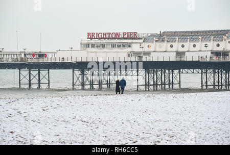 Brighton UK 1. Februar 2019 - Brighton Beach am frühen Morgen von der Pier nach einem starken Schneefall über Nacht. Der Schnee und das Eis verursacht hat Probleme mit den öffentlichen Verkehrsmitteln im gesamten Süden und viele Schulen in Großbritannien Credit geschlossen sind: Simon Dack/Alamy leben Nachrichten Stockfoto