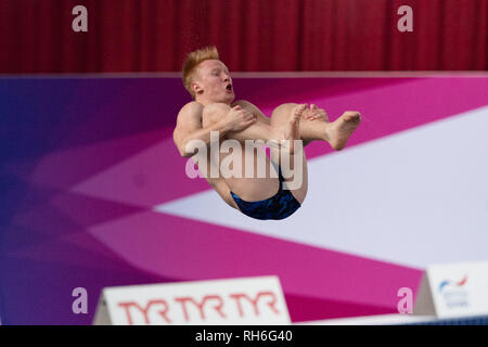 Plymouth, Großbritannien. 1. Feb 2019. James Heatly-EDC in Männer Prelim während der Britischen Nationalen Tauchen Cup 2019 in Plymouth Life Center am Freitag, den 01. Februar 2019. PLYMOUTH ENGLAND. (Nur redaktionelle Nutzung, eine Lizenz für die gewerbliche Nutzung erforderlich. Keine Verwendung in Wetten, Spiele oder einer einzelnen Verein/Liga/player Publikationen.) Credit: Taka G Wu/Alamy Nachrichten Stockfoto