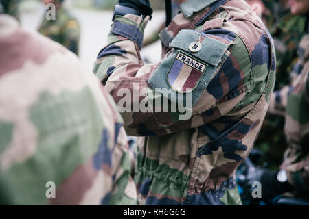 01. Februar 2019, Sachsen, Dresden: Der Arm von der Soldat mit dem Wappen der französischen Armee kann in der Offiziere in der Armee der Schule gesehen werden. Foto: Oliver Killig/dpa-Zentralbild/dpa Stockfoto