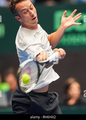 Frankfurt am Main, Deutschland. 01 Feb, 2019. Philipp KOHLSCHREIBER, GER Tennis Pro, in Aktion, Vorhand, Rückhand, Volley, Einzelaktion, tennisball, Kugel, Deutschland - UNGARN Qualifier Runde Mens Tennis Davis Cup in Frankfurt, Deutschland, 01. Februar 2019 Saison 2018/2019, Kredit: Peter Schatz/Alamy leben Nachrichten Stockfoto