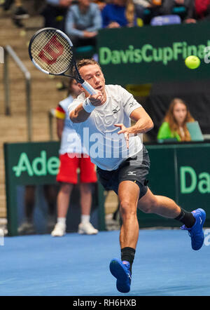 Frankfurt am Main, Deutschland. 01 Feb, 2019. Philipp KOHLSCHREIBER, GER Tennis Pro, in Aktion, Vorhand, Rückhand, Volley, Einzelaktion, tennisball, Kugel, Deutschland - UNGARN Qualifier Runde Mens Tennis Davis Cup in Frankfurt, Deutschland, 01. Februar 2019 Saison 2018/2019, Kredit: Peter Schatz/Alamy leben Nachrichten Stockfoto